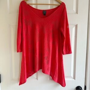 Clara Sunwoo Medium Knit Perforated Liquid Asymmetrical Tunic Coral‎ Lagenlook